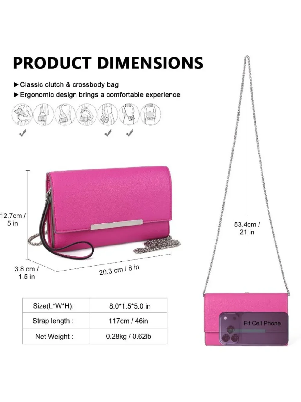 Women’s Fuchsia Pink Clutch Purses Wristlet Vegan Leather Formal Evening Bag